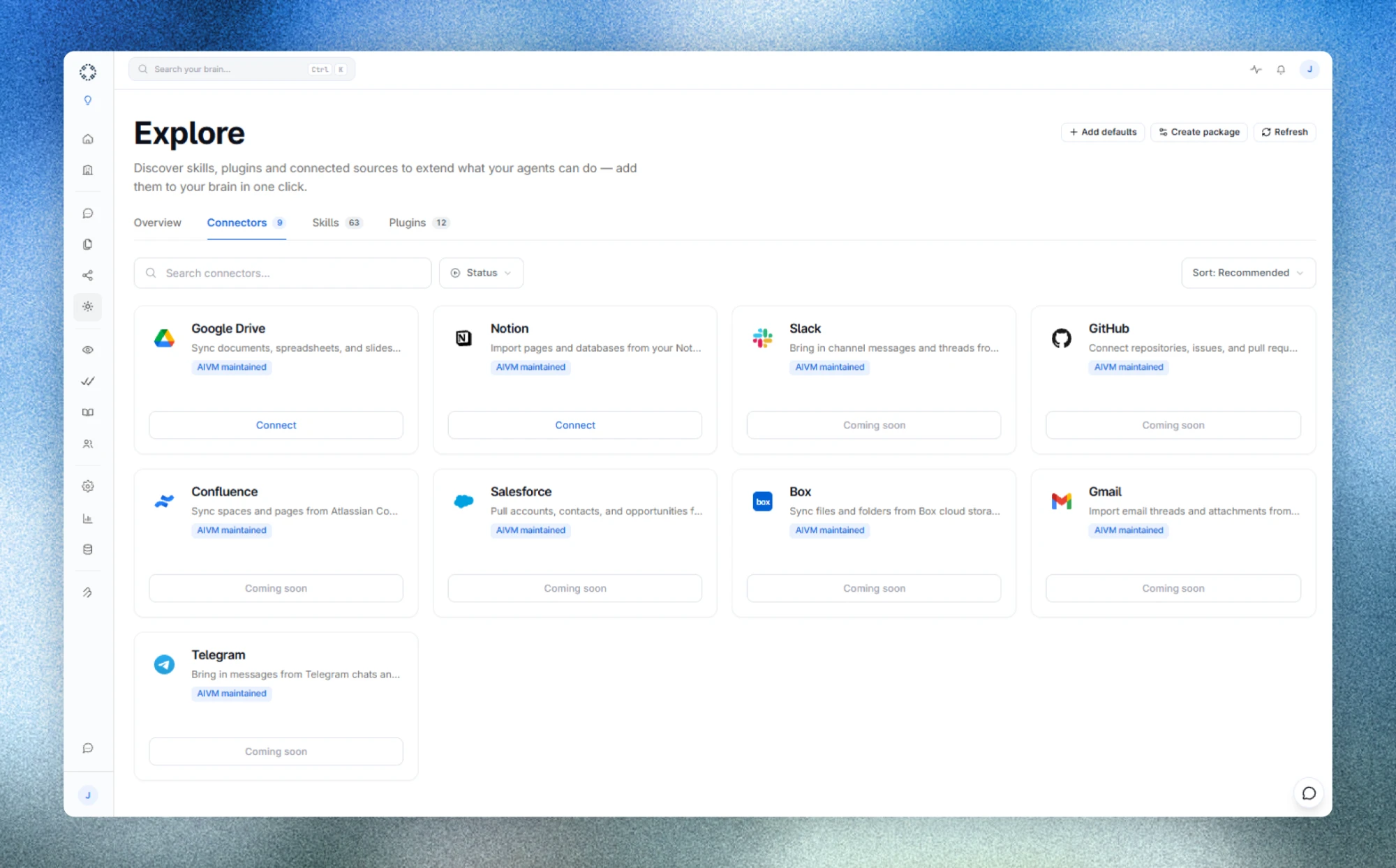 The launch connector catalogue: Google Drive and Notion have Connect buttons; Slack, GitHub, Confluence, Salesforce, Box, Gmail and Telegram are marked Coming soon.