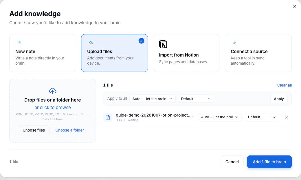 Fictional Orion document queued with Waiting status and Add 1 file to brain button